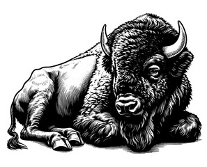 Full-length bison, black and white vector sketch isolated on white background	