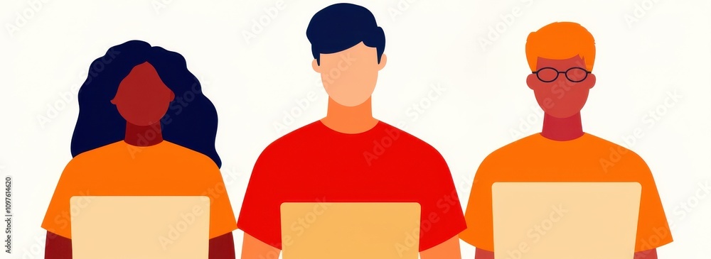 Poster a diverse group of three individuals focused on their laptops, symbolizing teamwork and collaboratio