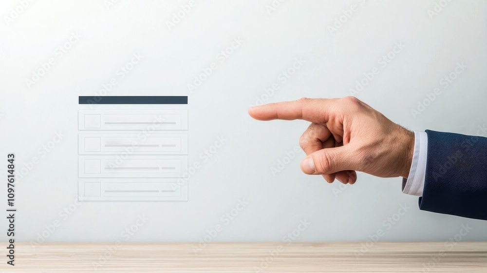 Poster a business professional points at a digital interface on a wall, indicating interaction with technol