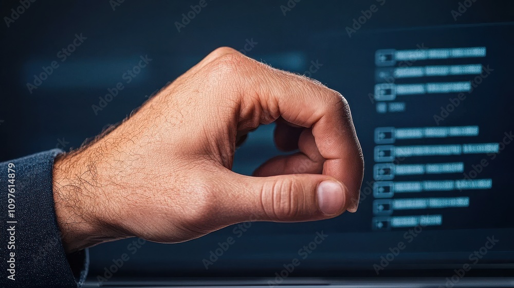 Poster a close-up of a hand making a gesture near a screen displaying lists, suggesting interaction with di