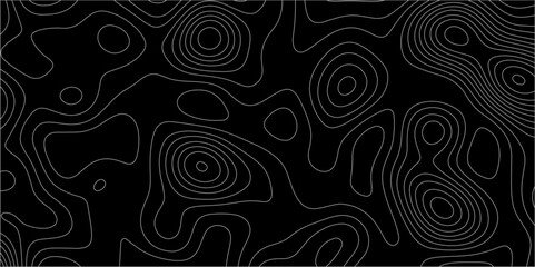 Abstract white on black background with Topographic line map pattern. abstract wavy and curved lines background. linear map. Dark seamless design. Bold tile able isolines pattern. Vector illustration.