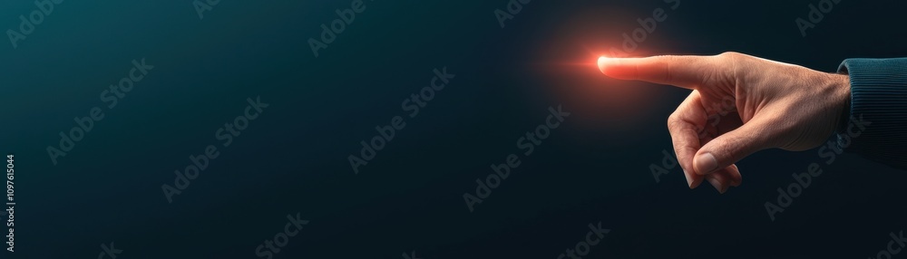 Poster a close-up of a hand extending a finger, with a glowing red tip, set against a dark background, sugg