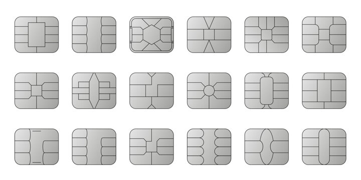 EMV chip silver vector icons. Contactless payment at terminals and ATMs. Set line nfc symbol. Square computer microchips for credit debit cards. 