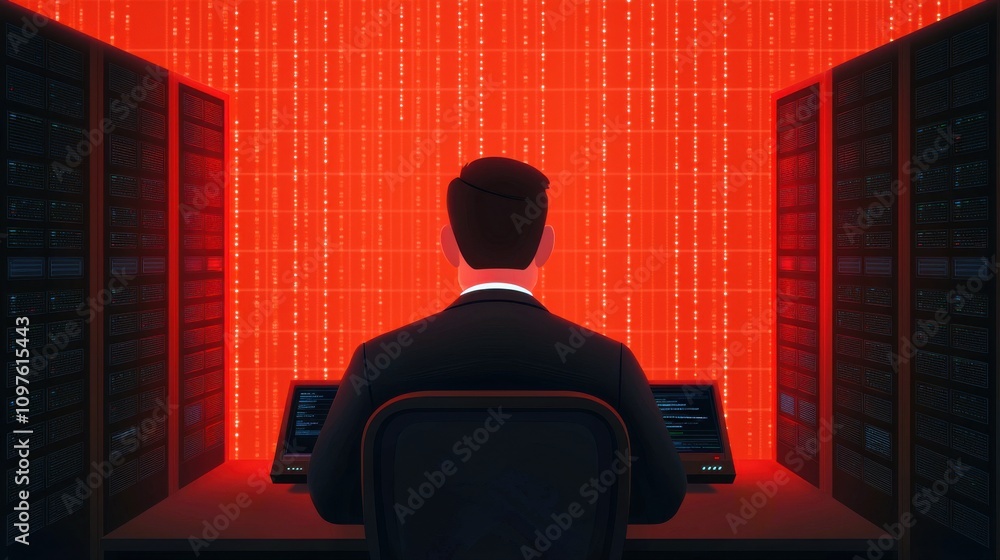 Fototapete a figure in a suit sits before a glowing red backdrop of digital data, surrounded by server racks, e