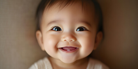 Fototapeta premium Close-up portrait of smiling South East Asian baby girl with joyful expression on simple background