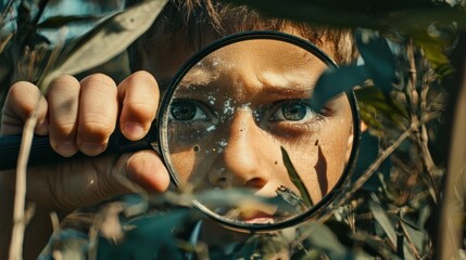 Child peeking through a magnifying glass at a nature specimen