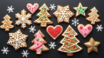 Decorated Gingerbread Cookies, Christmas Tree, Snowflake, Heart Shapes on Black