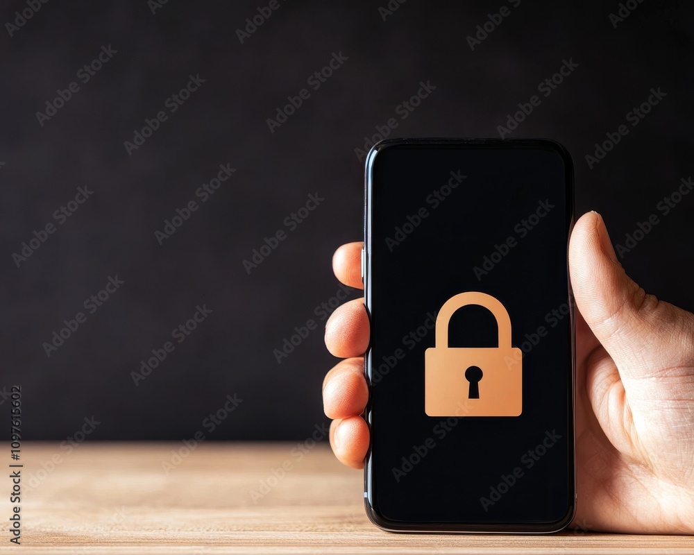 Aufkleber A hand holds a smartphone displaying a lock icon on its screen, symbolizing mobile security and data protection.