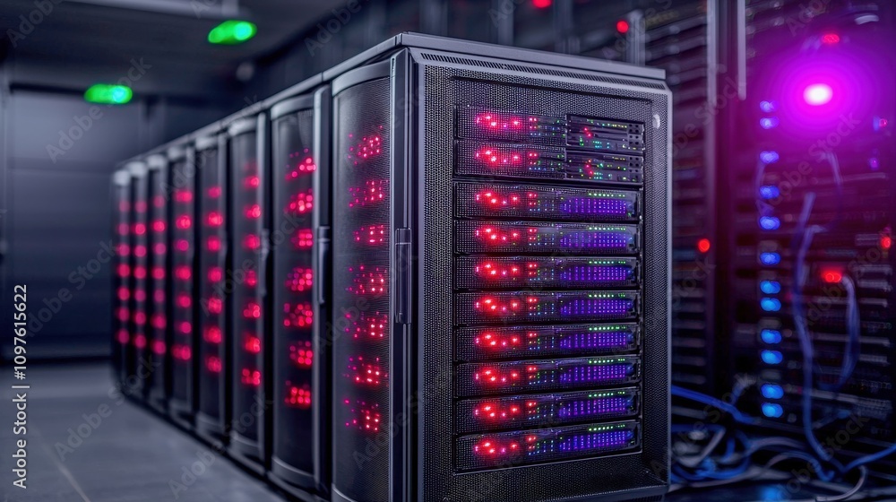 Leinwandbilder A modern server room featuring rows of high-capacity storage systems with glowing lights in red and blue, showcasing advanced technology.