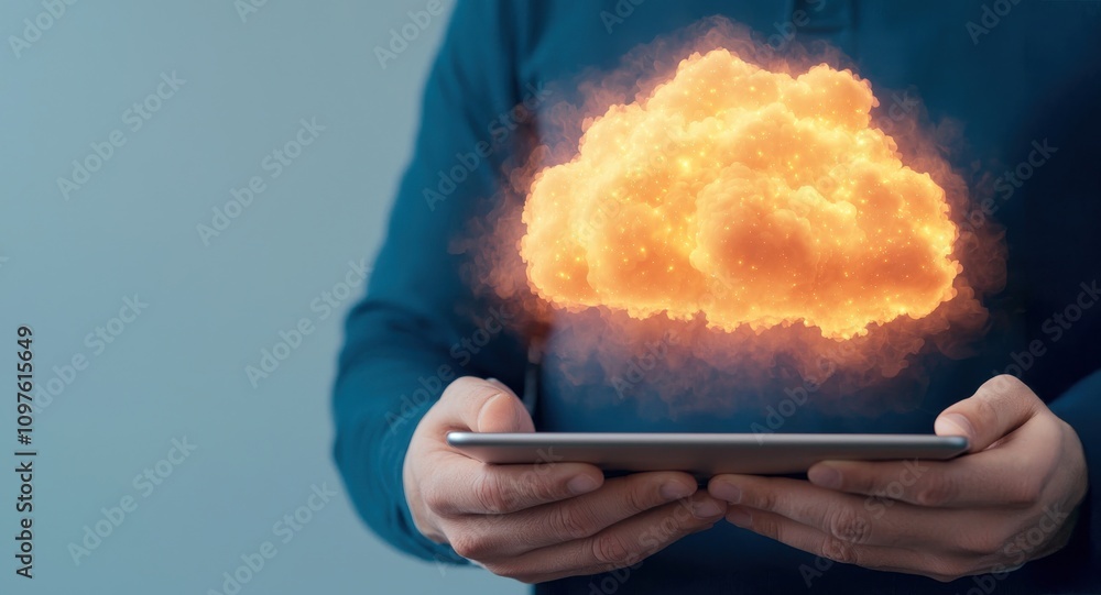 Fototapete a person holds a tablet displaying a vibrant cloud, symbolizing cloud computing and digital storage.