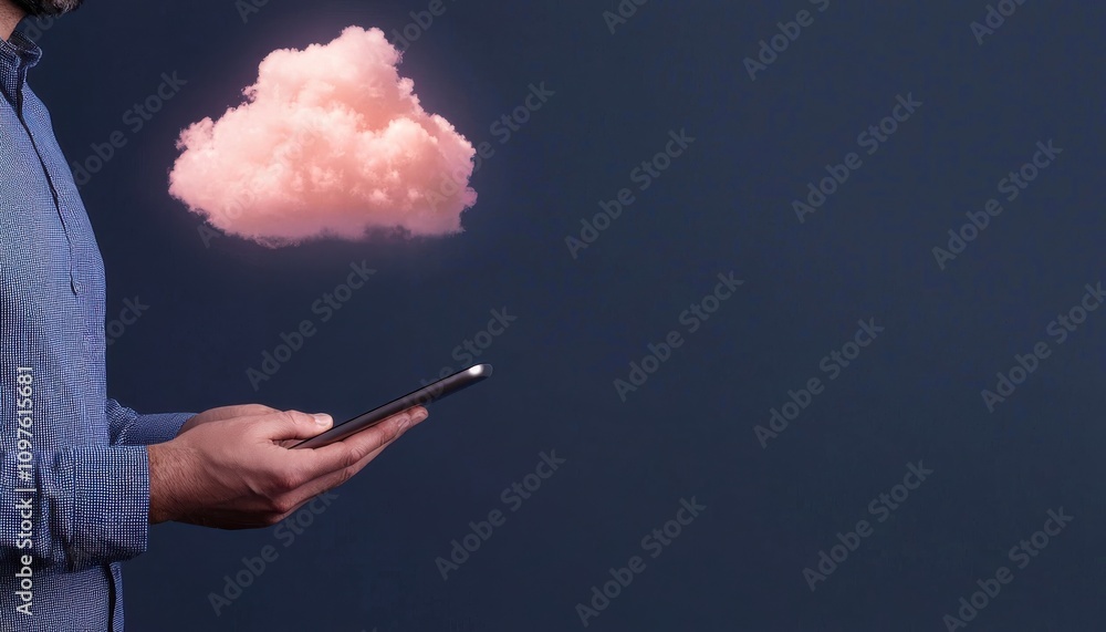 Leinwandbilder a person holds a smartphone with a pink cloud hovering above, symbolizing cloud computing and digita