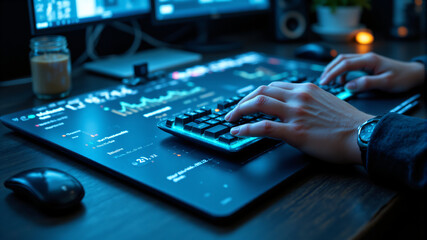 Futuristic Office Desk with Transparent Screens and Glowing Surfaces