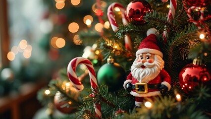 Close-up Christmas Tree, Red & Green Ornaments, Santa, Candy Canes