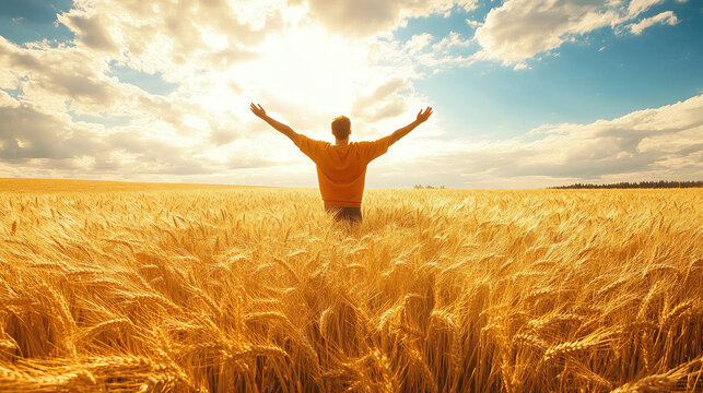 A man standing in a field of wheat, arms raised in celebration, symbolizing abundance and prosperity