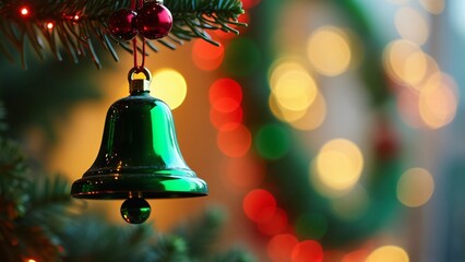 Green Christmas Bell Ornament on Tree, Blurred Festive Background
