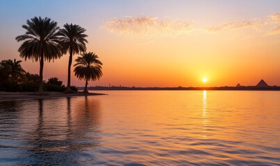 Obraz premium Sunrise over calm lake with palm trees and distant pyramids.