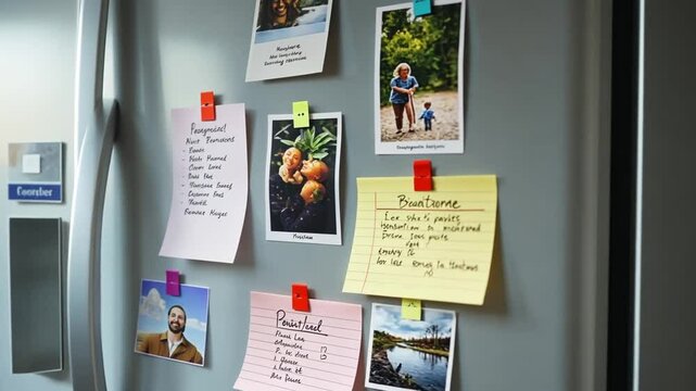 Close up of the fridge with some small notepads and photos using small colorful magnets.
