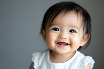 Naklejka premium Delightful smiling portrait of joyful South East Asian baby girl on clean and simple background