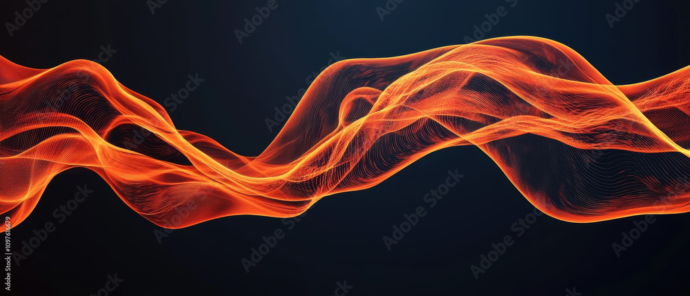 Poster quantum computing education concept. a dynamic swirl of orange and red waves against a dark backgrou
