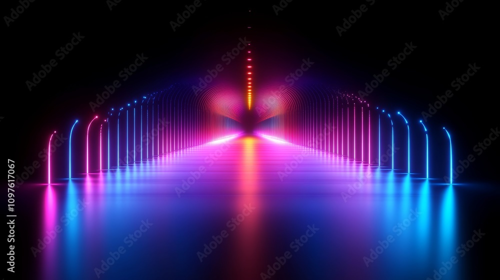 Aufkleber neon tunnel of light symmetrical abstract art with gradient colors in dark background futuristic geo