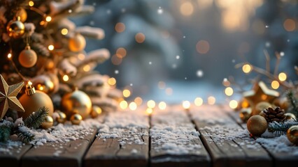 Naklejka premium Snowy Wooden Table Christmas Background with Golden Decorations & Banner