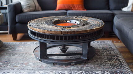 A unique coffee table crafted from a repurposed car wheel, adding an industrial touch to any living room.