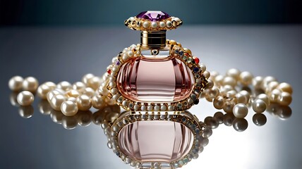 Luxurious Perfume Bottle with Gemstones and Pearls on Mirrored Surface for Elegant Design