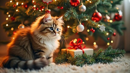 Adorable Kitten by Christmas Tree, Gazing at Ornament