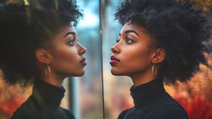 A woman standing in front of a mirror, reflecting different versions of herself, representing self-discovery and identity