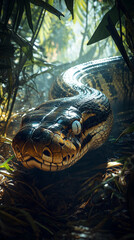 A giant anaconda slithering through the dense jungle undergrowth, its scales reflecting the filtered sunlight, creating an awe-inspiring and slightly eerie scene.