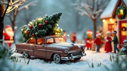 Miniature Car Carrying Christmas Tree in Snowy Winter Scene