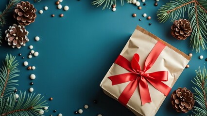 Christmas Gift Box, Top View, Red Ribbon, Teal Background