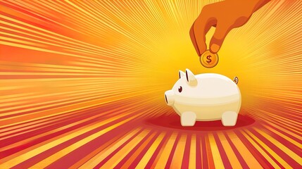 Promote Responsible Finances: Poster Design Featuring a Hand Inserting Coin into Piggy Bank with Family Cutouts and Coins – Perfect for Home Décor or Motivational Spaces!