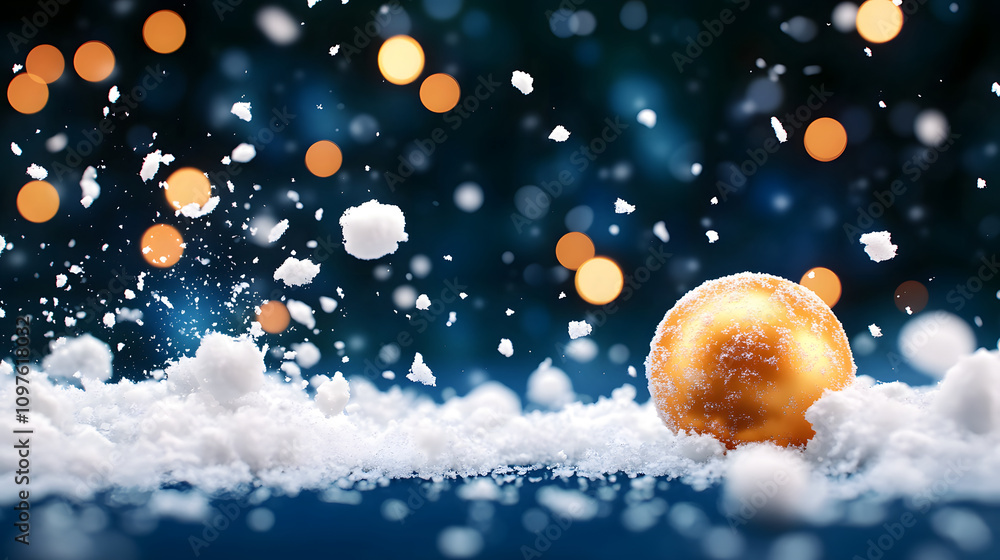 Poster a golden ornament rests on a snowy surface, surrounded by falling snowflakes and soft, glowing bokeh