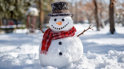 Adorable smiling snowman outdoors on winter day. Space for text