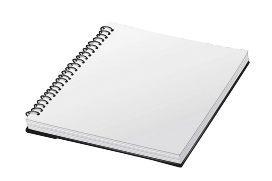 Blank black and white spiral copybook isolated on transparent background