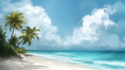 Fototapeta premium Tropical beach scene with palm trees, white sand, and turquoise water under a partly cloudy sky.