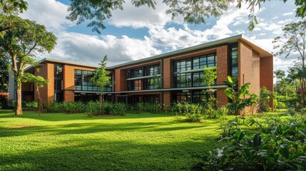 eco-friendly school building with innovative brick siding, surrounded by lush green school grounds