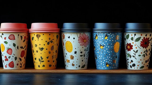 A vibrant collection of artistic takeaway coffee cups showcasing unique designs in a cozy coffee shop atmosphere