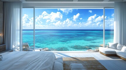 Fototapeta premium Relaxing ocean view from modern bedroom coastal retreat paradise