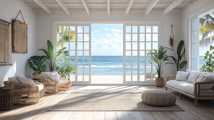 Fototapeta premium Beachfront living room with open doors coastal vibes serenity