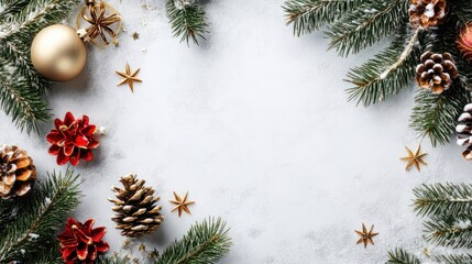 Beautiful Christmas table setting on light grey background, top view. Space for text