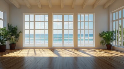 Obraz premium Bright coastal living room with ocean view modern design natural light