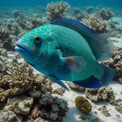 Obraz premium Aquamarine Parrotfish: A radiant aquamarine parrotfish swimming gracefully through a white marine-themed setting with delicate shells.