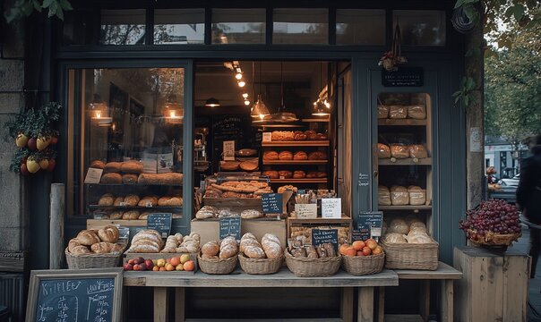 Warmly lit bakery storefront displaying various breads and pastries in baskets on a wooden table outside.