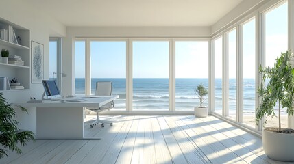 Fototapeta premium Ocean view workspace modern office serene environment bright concept