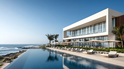 Fototapeta premium Luxury poolside relaxation at coastal villa oceanfront daylight