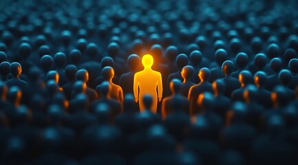 Obraz premium A glowing yellow figure standing out in the crowd of dark people, symbolizing individuality and importance among many others