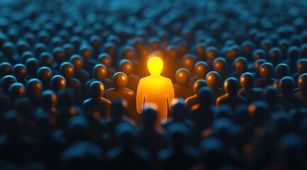 Obraz premium A glowing yellow figure standing out in the crowd of dark people, symbolizing individuality and importance among many others