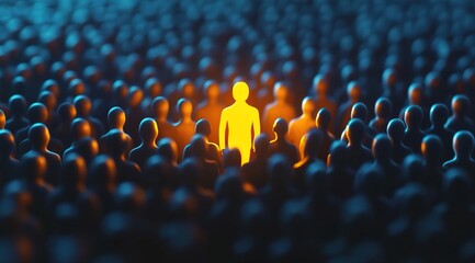 A glowing yellow figure standing out in the crowd of dark people, symbolizing individuality and importance among many others
